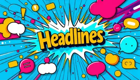 Comic style 'Headlines' graphic with speech bubbles.