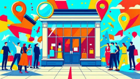 People shopping outside a store with location icons.