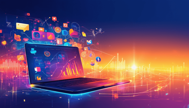Digital connections emerging from laptop screen at sunset