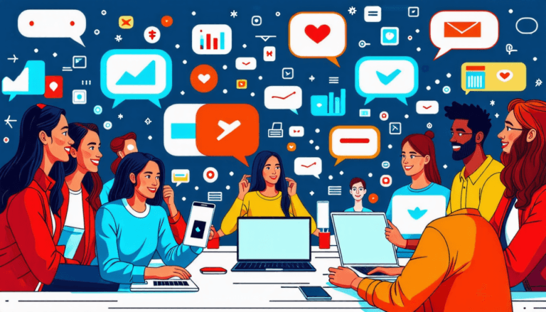 Team collaborating with technology and social media icons.