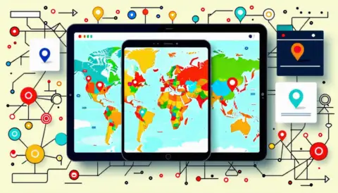 Digital global maps with location pins and tech icons.