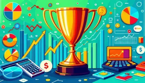 Financial success with charts, graphs, and a trophy.