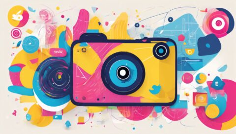 Colourful abstract camera illustration with vibrant artistic elements