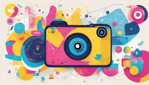 Colourful abstract camera illustration with vibrant artistic elements