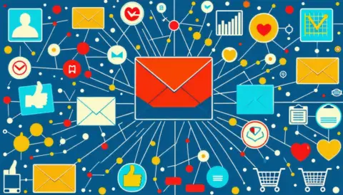 Colourful email network icons on blue background