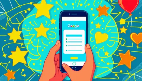 Hands holding phone with Google search.
