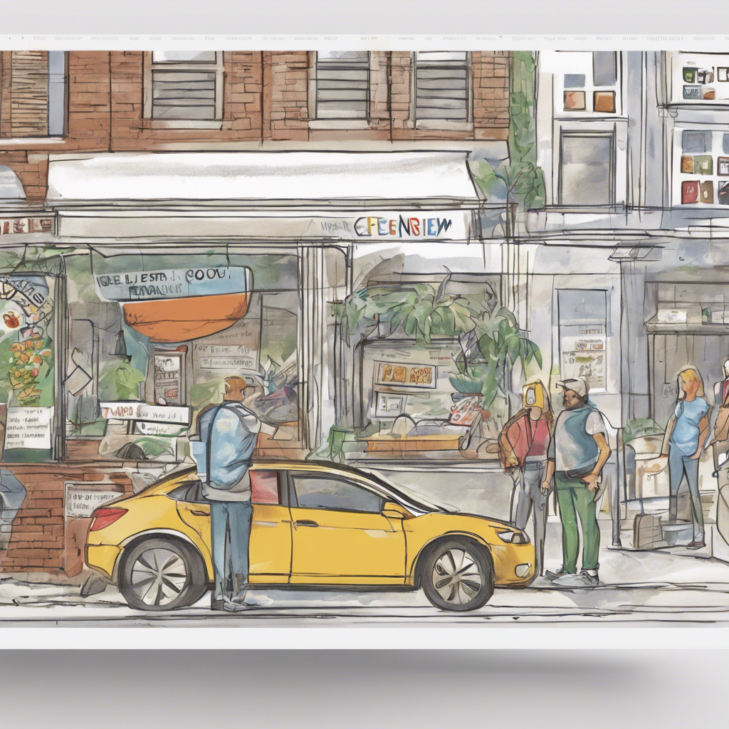 Watercolor city street scene with people and storefronts.