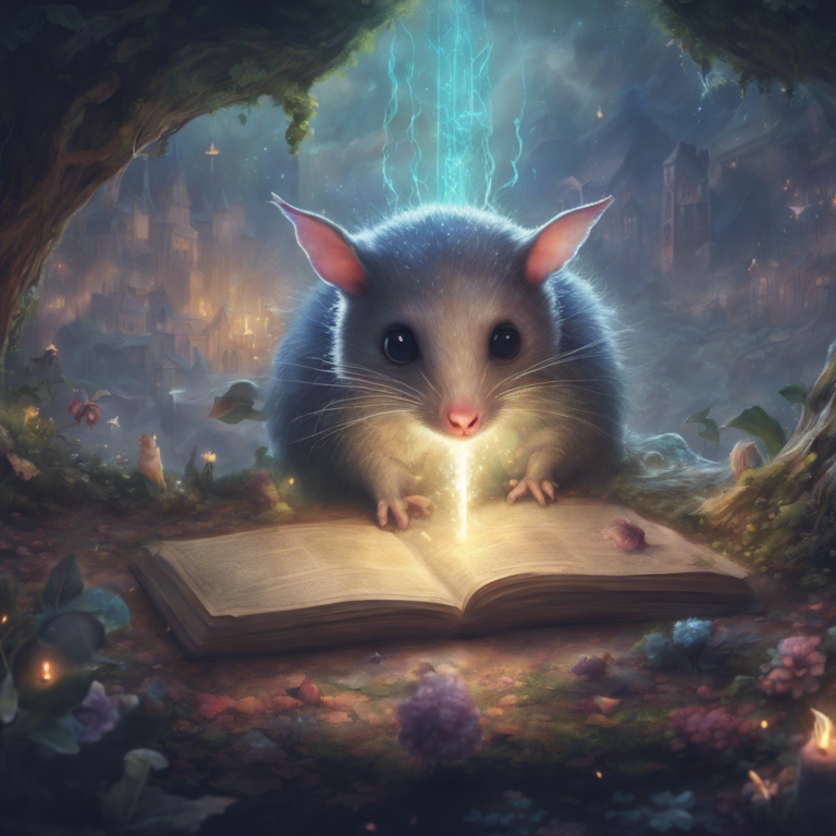 Enchanted possum reading glowing book in mystical forest.