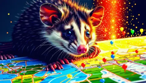 Cute possum exploring a colourful map.