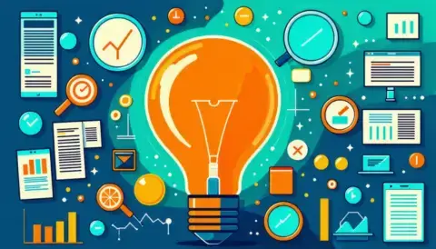 Bright lightbulb surrounded by business icons and charts.
