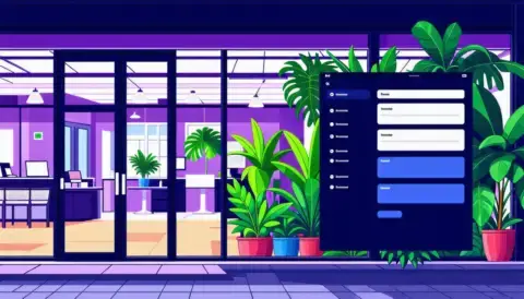 Modern office with plants and dark mode interface