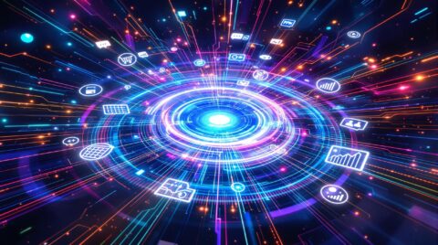 Vibrant digital cyberspace technology tunnel with glowing icons