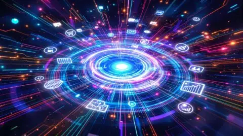 Vibrant digital cyberspace technology tunnel with glowing icons