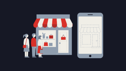 Illustration of a busy shopfront beside a phone screen that shows only a faint outline of the shop