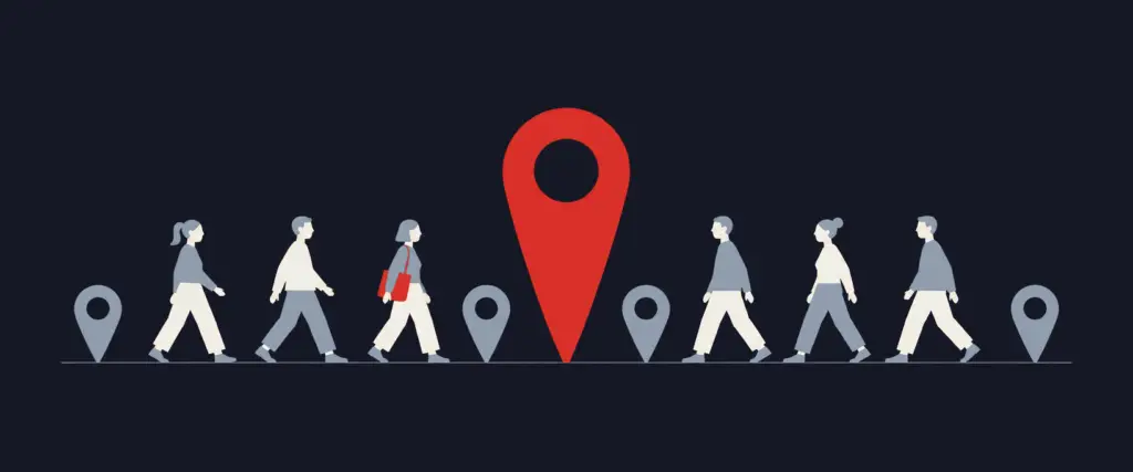Illustration of people walking towards one tall red map pin among smaller grey pins