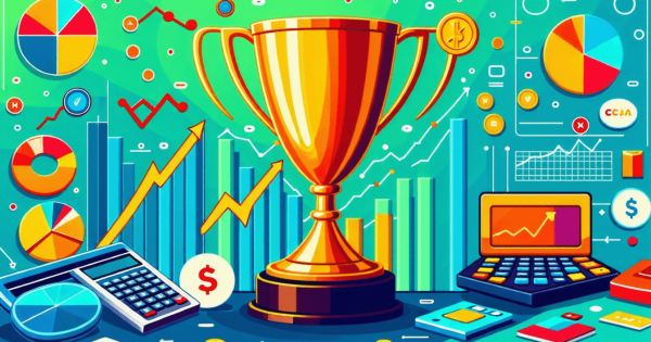 Financial success with charts, graphs, and a trophy.