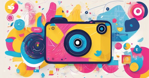 Colourful abstract camera illustration with vibrant artistic elements