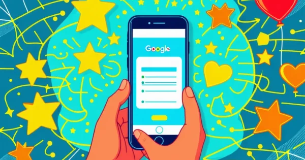 Hands holding phone with Google search.