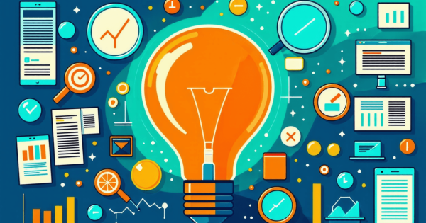 Bright lightbulb surrounded by business icons and charts.