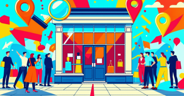 People shopping outside a store with location icons.