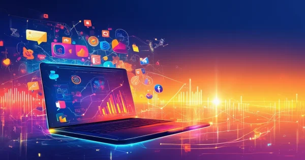 Digital connections emerging from laptop screen at sunset