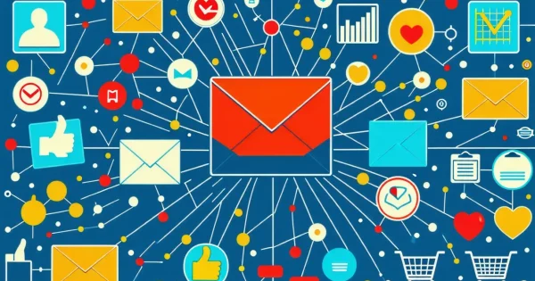 Colourful email network icons on blue background