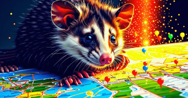 Cute possum exploring a colourful map.
