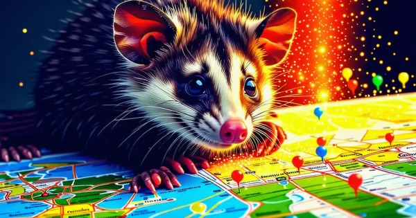 Cute possum exploring a colourful map.