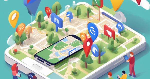 Illustration of mobile map navigation with floating location pins.