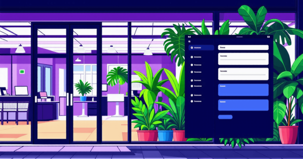 Modern office with plants and dark mode interface