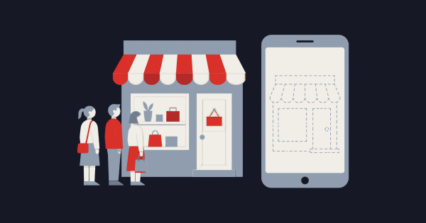 Illustration of a busy shopfront beside a phone screen that shows only a faint outline of the shop