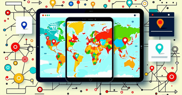Digital global maps with location pins and tech icons.