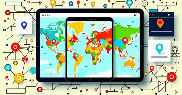 Digital global maps with location pins and tech icons.